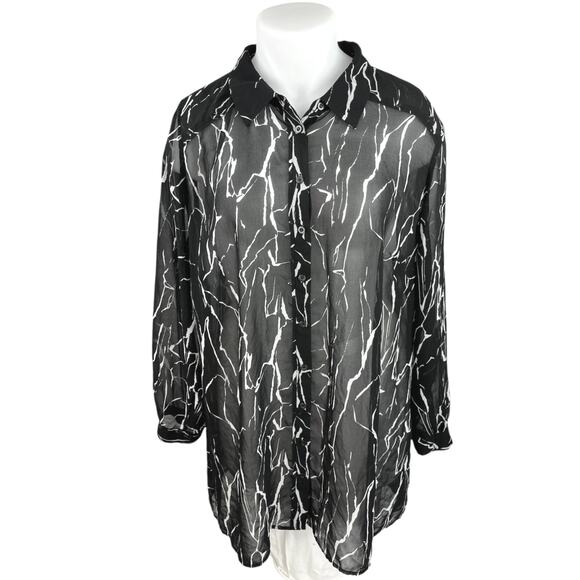 Sejour Black White Chiffon Long Sleeve Sheer Collar Button Down Shirt Top 20W - Picture 1 of 5
